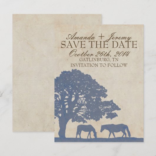 Blauw en Ivoor Paard Boerderij Save The Date Aankondigingskaart (Voorkant / Achterkant)