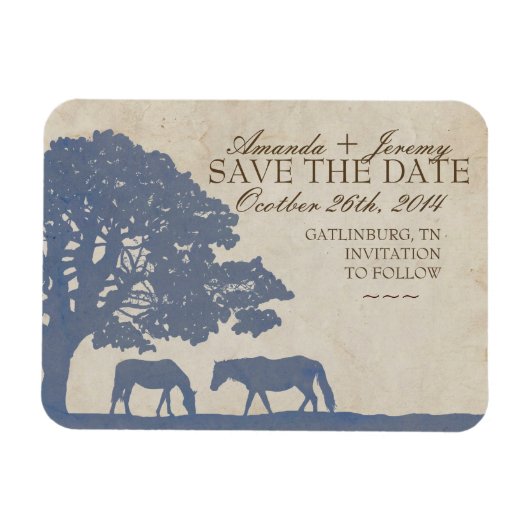Blauw en Ivoor Paard Boerderij Save The Date Magneet (Horizontaal)