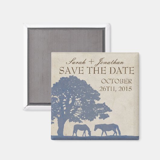 Blauw en Ivoor Paard Boerderij Save The Date Magneet (Voorkant / Achterkant)