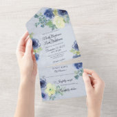 Blauw en ivoor Rozen op Bord Blauw All In One Uitnodiging (Afscheurbaar)