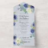 Blauw en ivoor Rozen op Bord Blauw All In One Uitnodiging (Binnen)