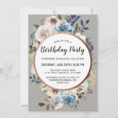 Blauw en Ivoor Rustieke Bloemen Verjaardagsfeest Kaart (Voorkant)