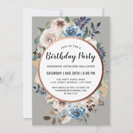 Blauw en Ivoor Rustieke Bloemen Verjaardagsfeest Kaart (Voorkant)