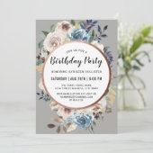 Blauw en Ivoor Rustieke Bloemen Verjaardagsfeest Kaart (Staand voorkant)