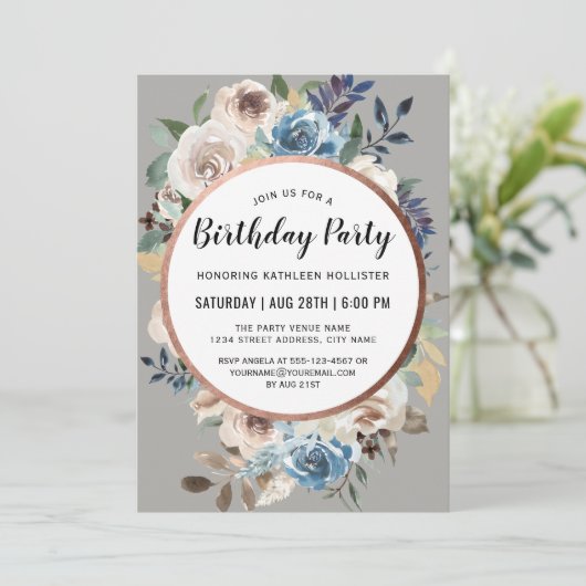 Blauw en Ivoor Rustieke Bloemen Verjaardagsfeest Kaart (Staand voorkant)