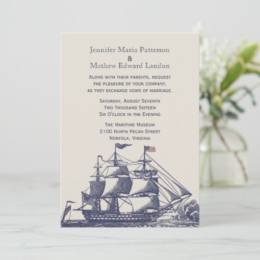 Blauw en Ivoor Schip Huwelijksuitnodiging Kaart (Staand voorkant)