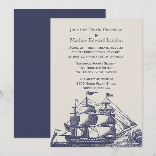 Blauw en Ivoor  Schip Huwelijksuitnodiging Kaart (Voorkant / Achterkant)