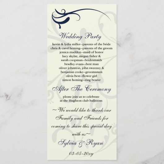 blauw en ivoor Trouwprogramma Rack Kaart (Achterkant)