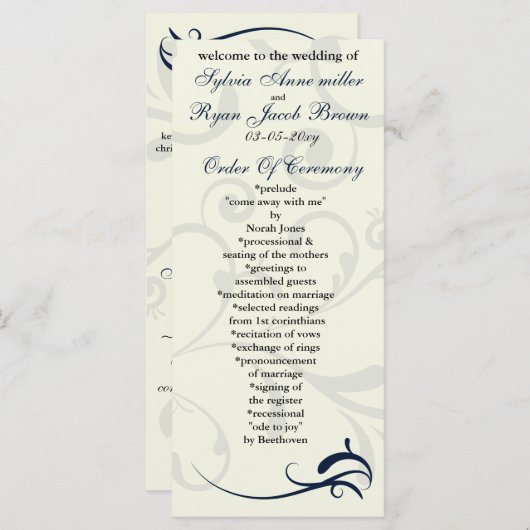 blauw en ivoor Trouwprogramma Rack Kaart (Voorkant / Achterkant)