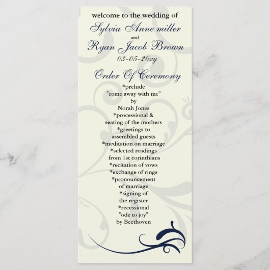 blauw en ivoor Trouwprogramma Rack Kaart (Voorkant)