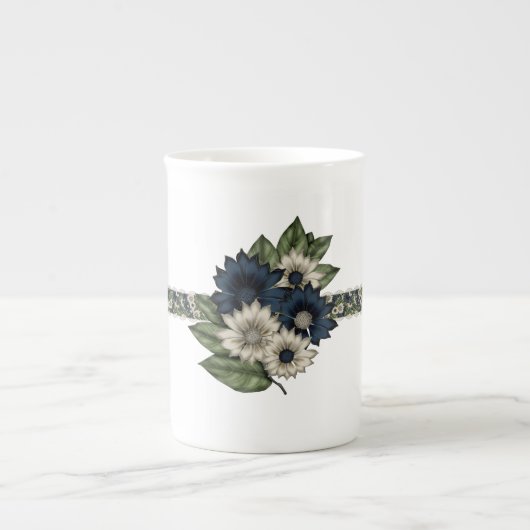 Blauw en Ivory Floral Bone China Mok (Voorkant)