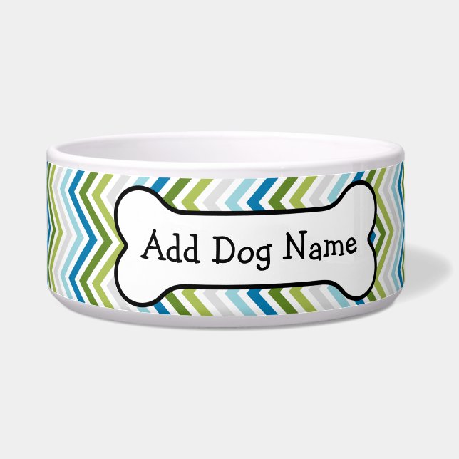 Blauw en kalkgroen Chevron Pattern met hond Bone Voerbakje (Links)