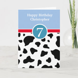 Blauw en koeienprint verjaardagskaart 7 jaar kaart