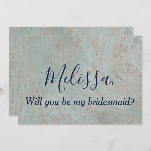 Blauw en koperen uitnodiging voor bruidsmeisje (Voorkant / Achterkant)