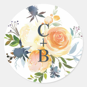 Blauw en Koraal Aquarel Bloemachtige Trouwdag Ronde Sticker