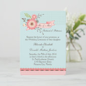  Blauw en Koraal Bloemen Bruiloft Uitnodiging (Staand voorkant)