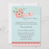  Blauw en Koraal Bloemen Bruiloft Uitnodiging (Voorkant)