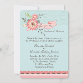  Blauw en Koraal Bloemen Bruiloft Uitnodiging