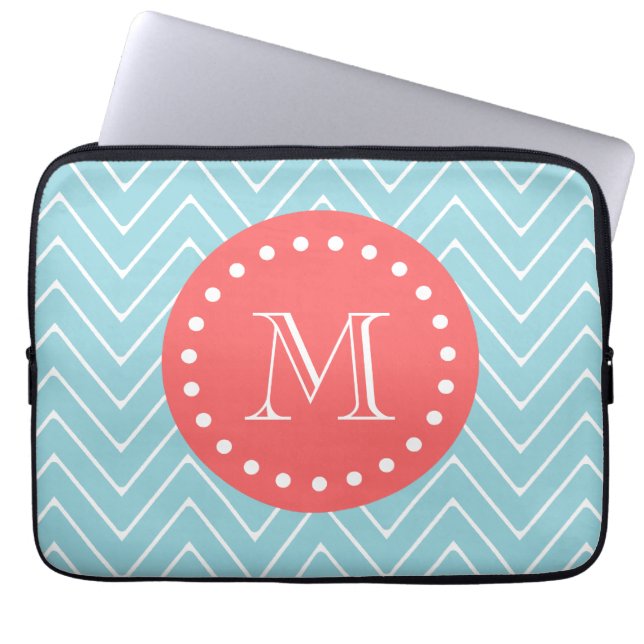 Blauw en koraal Chevron met aangepast monogram Laptop Sleeve (Voorkant)