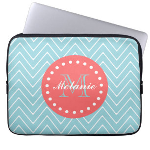 Blauw en koraal Chevron met aangepast monogram Laptop Sleeve