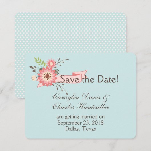 Blauw en koraal Floral Wedding sparen de Datum Kaa Kaart (Voorkant / Achterkant)