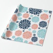 Blauw en koraal Floral Wrapping Papier