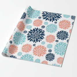 Blauw en koraal Floral Wrapping Papier