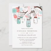 Blauw en koraal Hanging Mason Jars Wedding Kaart (Voorkant)