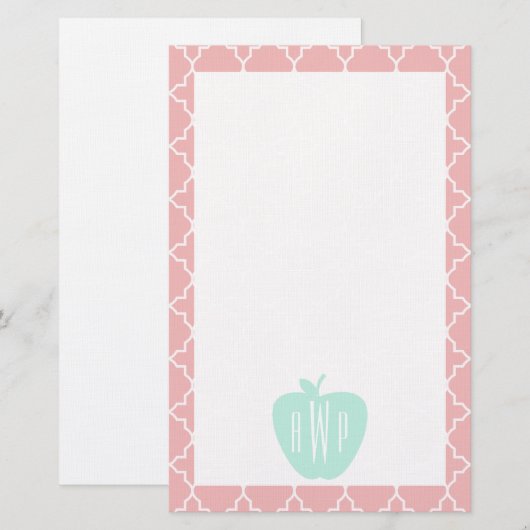 Blauw en koraal Quatrefoil Monogram leraar Briefpapier (Voorkant / Achterkant)