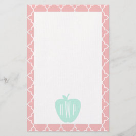 Blauw en koraal Quatrefoil Monogram leraar Briefpapier