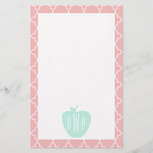 Blauw en koraal Quatrefoil Monogram leraar Briefpapier
