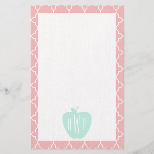 Blauw en koraal Quatrefoil Monogram leraar Briefpapier (Voorkant)