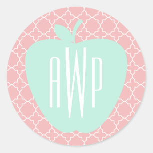 Blauw en koraal Quatrefoil Monogram leraar Ronde Sticker