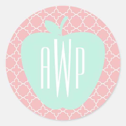 Blauw en koraal Quatrefoil Monogram leraar Ronde Sticker (Voorkant)