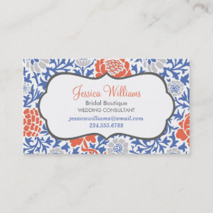 Blauw en koraal Retro Bloemen Damask Visitekaartje