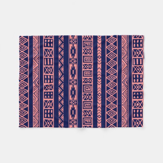Blauw en koraal-rood-tribaal geometrisch patroon fleece deken (Voorkant (Horizontaal))