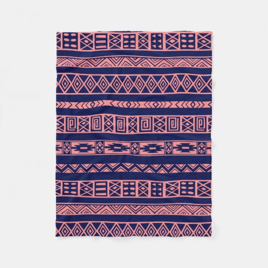 Blauw en koraal-rood-tribaal geometrisch patroon fleece deken (Voorkant)