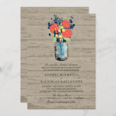 Blauw en Koraal Tuin Mason Jar Wood | Bruiloft Kaart (Voorkant / Achterkant)