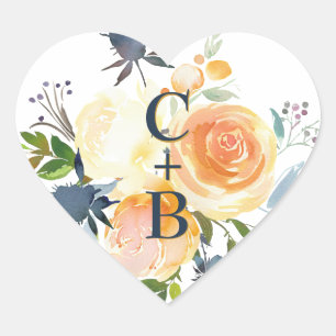 Blauw en Koraal Waterverf Bloemen Bruiloft Hart Sticker