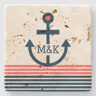 Blauw- en koraalstrepen met NauticalBoat-anker Stenen Onderzetter