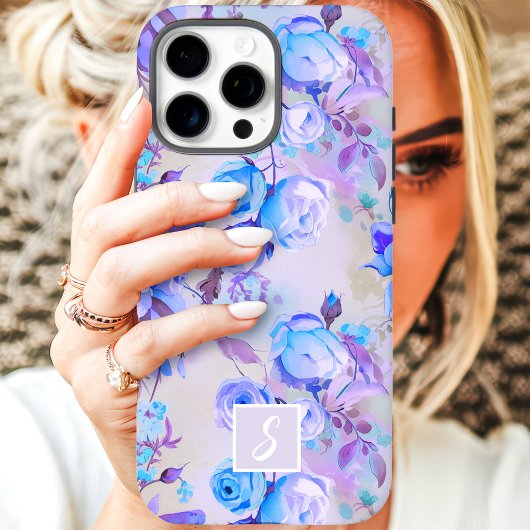 blauw en lavendel bloemenmonogram Case-Mate iPhone case