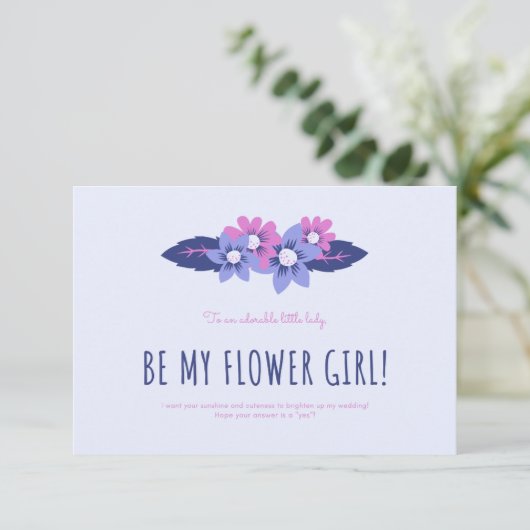 Blauw en Lavendel Bruiloft Bloemenmeisje Kaart (Staand voorkant)