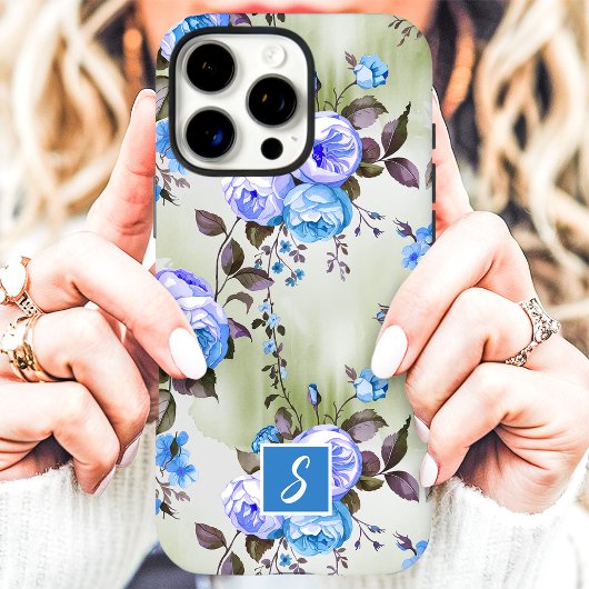 Blauw en lavendel monogram bloemenmotief Case-Mate iPhone case