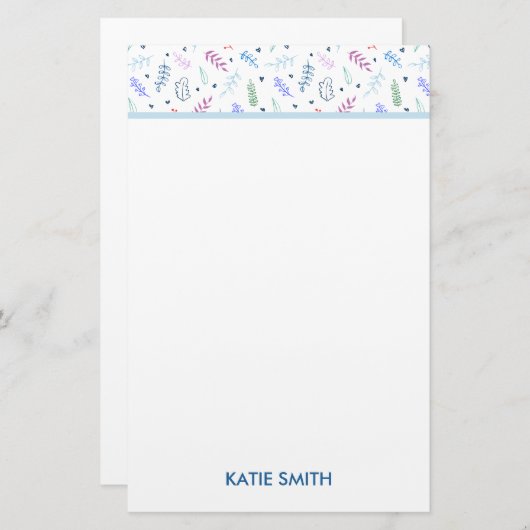 Blauw- en lavenderbladeren met hartpatroon briefpapier (Voorkant / Achterkant)