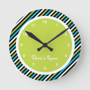 Blauw en lime gestreepte kinderkamer ronde klok