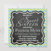 Blauw en Limoen Chevron Chalkboard Sweet 16 Party Kaart (Voorkant)