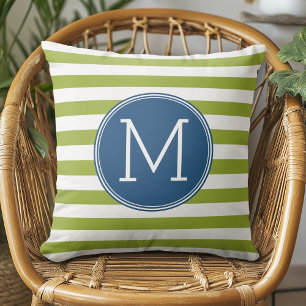 Blauw en Limoen Striped Groen Monogram Patroon Kussen