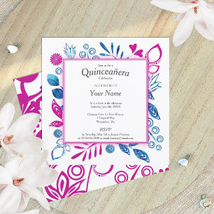 Blauw en Magenta Roze Quinceañera Kaart