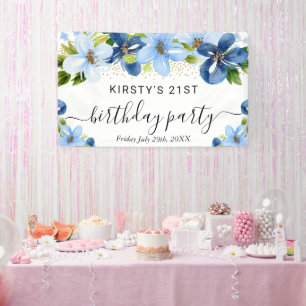 Blauw en marine boho bloemen verjaardags welkom spandoek