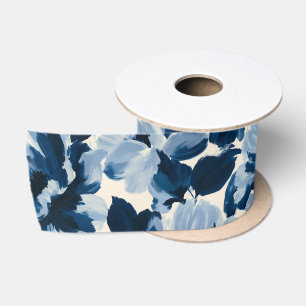 Blauw en marine schilderachtig bloempatroon satijnen lint